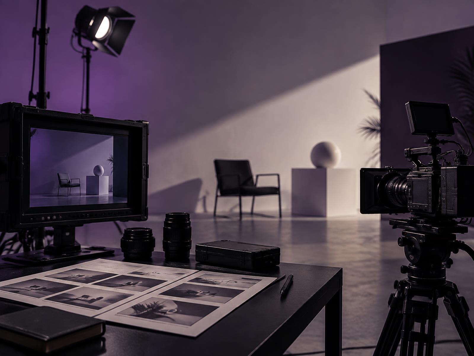 Estúdio de produção audiovisual com câmeras e iluminação